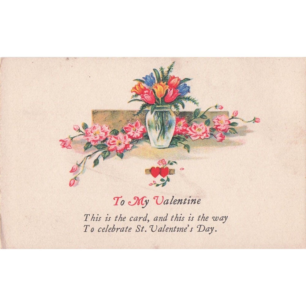 Antique Valentine Postcard Floral Vase Hearts Romantic Verse c1910s divided back